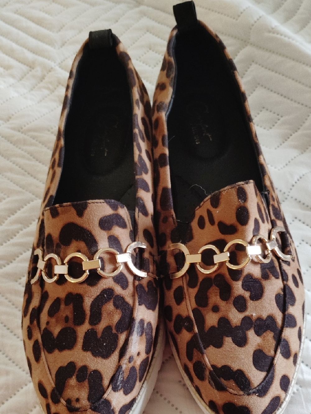 Leopard Print Slip-On Loafers with Gold Chain Accent - Women's